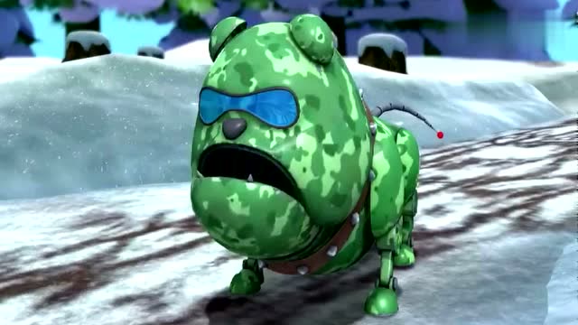 动漫:熊出没,熊大用骨头引诱光头强的机器狗,结果失败.