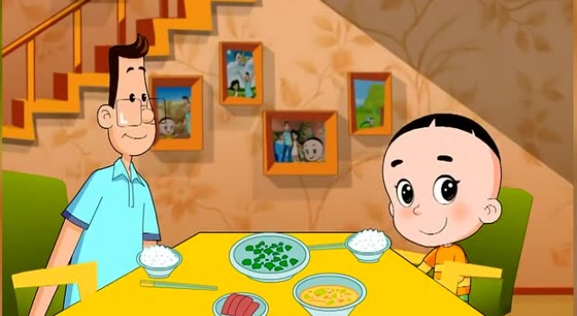 围裙妈妈生气父子俩不吃饭,大头儿子和小头爸爸一起配合妈妈