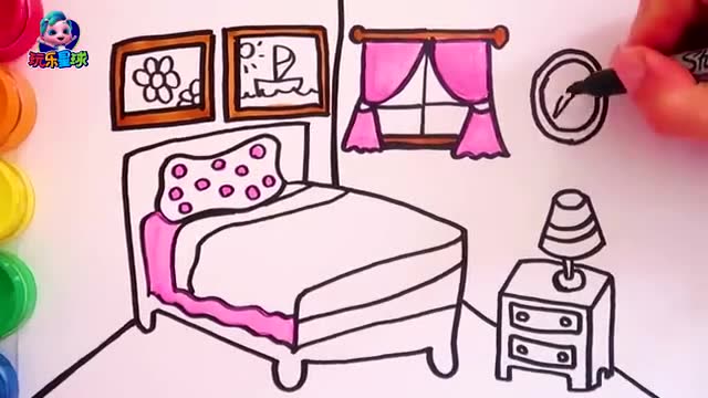 把自己的卧室绘画下来 简笔画床,窗帘,钟,壁画涂色