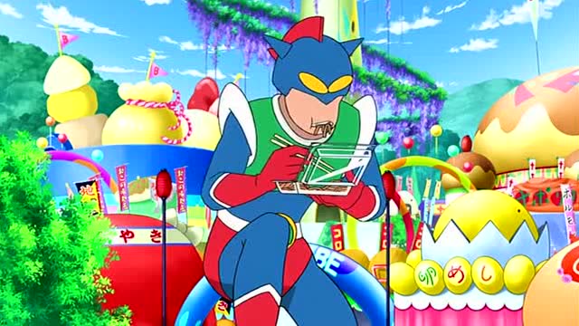 动感超人打架途中吃炒面,太不把坏人放在眼里了