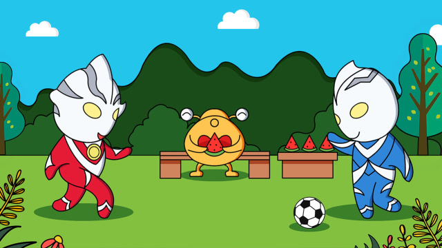 q版梦比优斯奥特曼和希卡利踢足球 打翻小怪兽西瓜真诚道歉