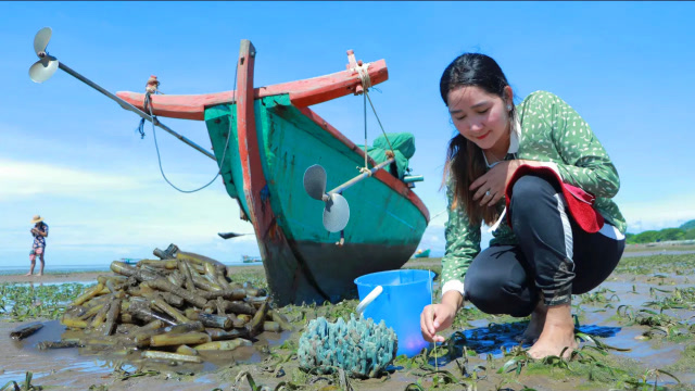 大海退潮了,渔民俩妹子一起赶海,早上的竹蛏子又多又大,发财了