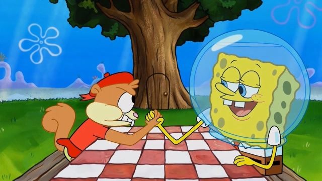 海绵宝宝和小松鼠掰手腕,自以为自己很强,不料胳膊被玩掉了