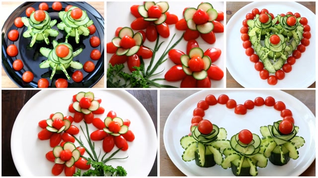 用黄瓜和小番茄做出各种好看花朵摆盘