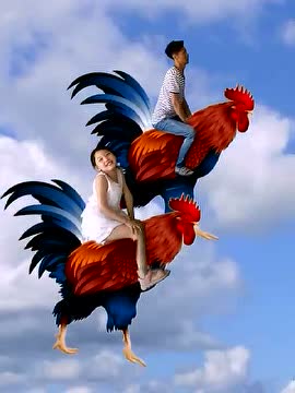 小屁孩骑着大公鸡在天上飞,太得意了