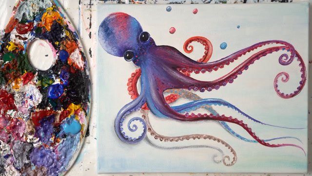 教你如何用丙烯酸颜料画一只梦幻的七彩章鱼,太漂亮了