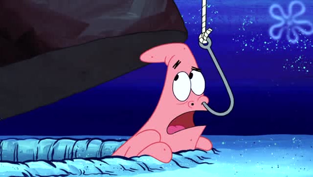 派大星鼻子被鱼钩勾住,海绵宝宝赶紧去帮忙