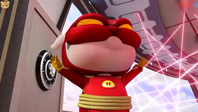 猪猪侠:猪猪侠带着眼罩身上绑着绳子,准备穿过红外线.