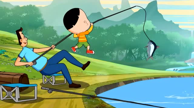 大头儿子钓鱼甩竿,把围裙妈妈的伞都刮破了