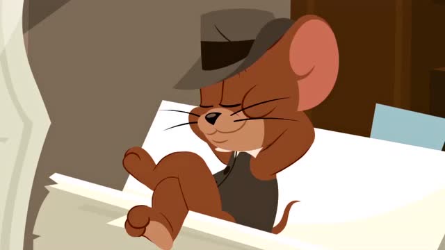 新猫和老鼠:杰瑞和汤姆装作很认真看报纸的样子