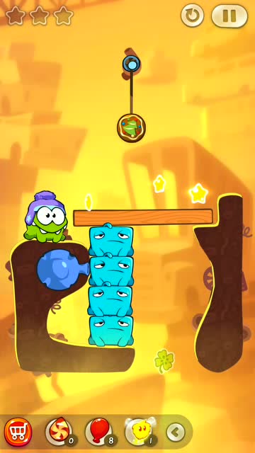 割绳子:充分的利用好蓝胖子和鼓风机,就能帮奥姆收集所有的星星