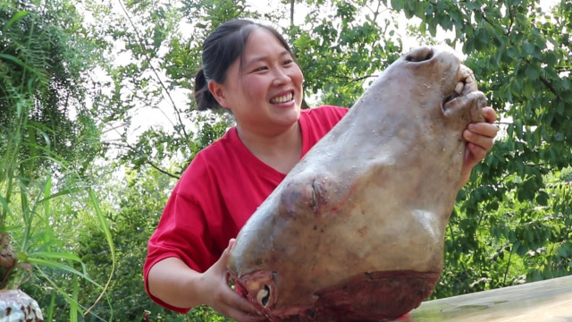 胖妹400元买只驴头28斤,农村大锅灶炖6小时,老爸喝半斤酒