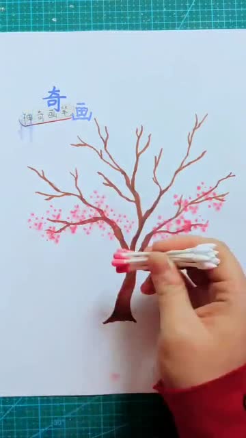 棉签 颜料画樱花树,超简单易学,结局美呆了.