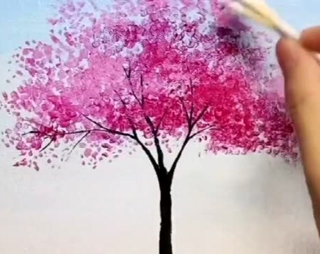 棉签点的方式画樱花树你学会了吗,真的是很漂亮呢