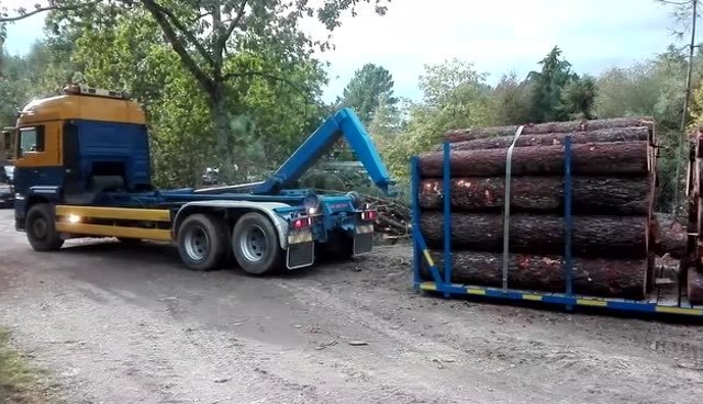 货车这样把木头装上车,看着真省事