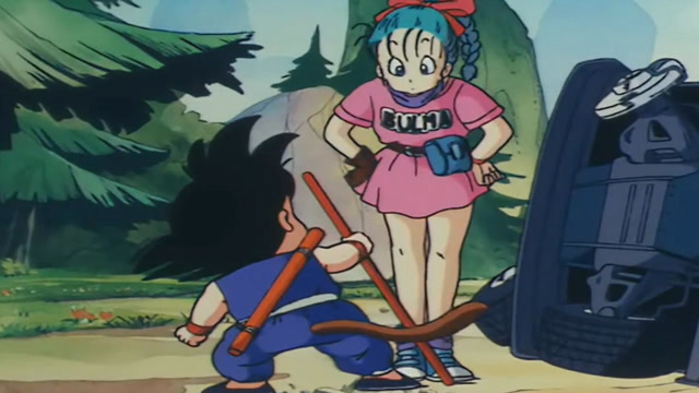 悟空第一次见布尔玛,好奇的到处看,她裙子下为什么没尾巴?