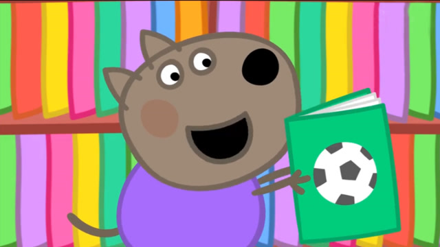 小狗丹尼在图书馆找到一本喜欢的足球书,趣味卡通儿童简笔画