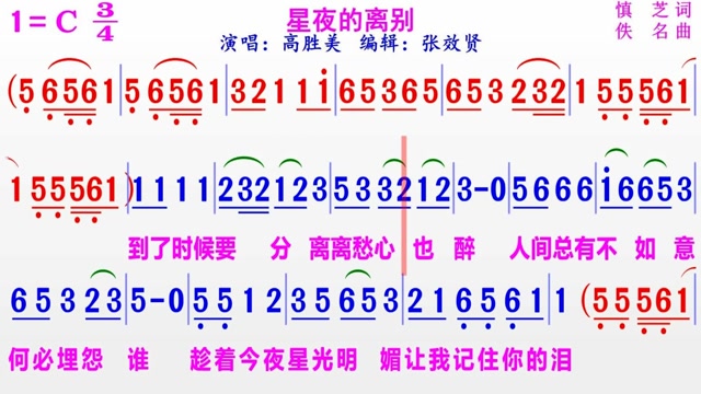 高胜美演唱星夜的离别的彩色动态简谱