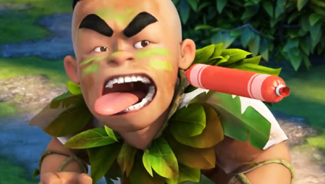 熊出没之探险日记,二狗打扮成野人,一见火腿肠就抢着吃,太搞笑了!