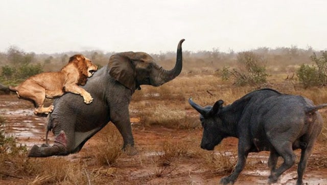 大象被狮子抓住无法挣脱,水牛大哥看不下去,结果带兄弟杀了过去!