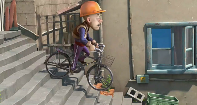 熊出没  光头强被警察误会成"绑架犯",骑着自行车下楼梯