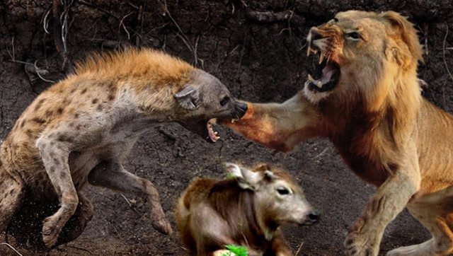 鬣狗抓住小水牛正要吃,没想到竟被狮子截胡了,镜头拍下全过程!