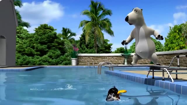 倒霉熊:倒霉熊想要从最高的跳板上跳进游泳池,可是它又有点怕