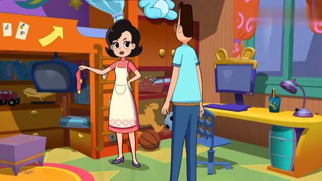 围裙妈妈寻找大头儿子藏在房间的脏袜子