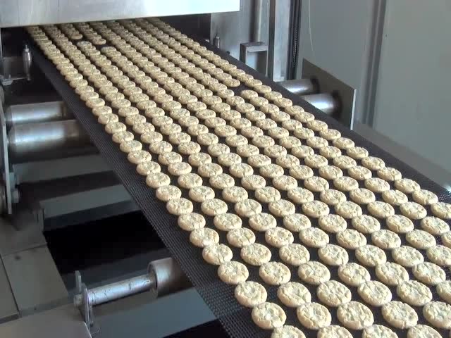 桃酥饼干入炉与出炉 荣华机械饼干生产线