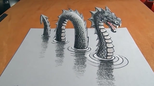 手绘牛人画3d立体的蛟龙,从水中跃起,像活的一样