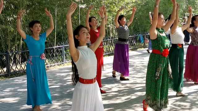 北京紫竹院公园晓红领舞,绿裙子大姐跳的真不赖,比晓红还要自然