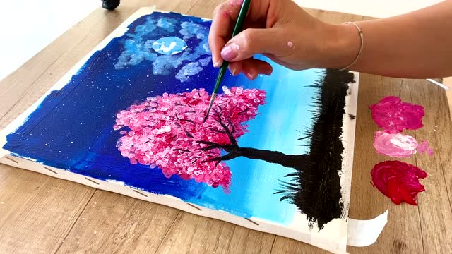 趣味艺术画:画漂亮星空 樱花树