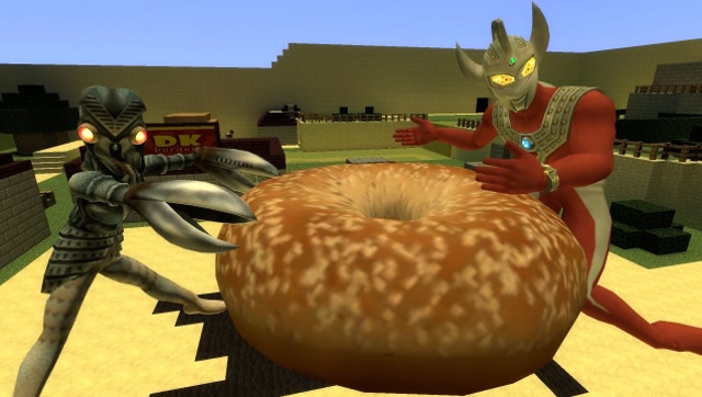 奥特曼和怪兽一起在村庄吃甜甜圈