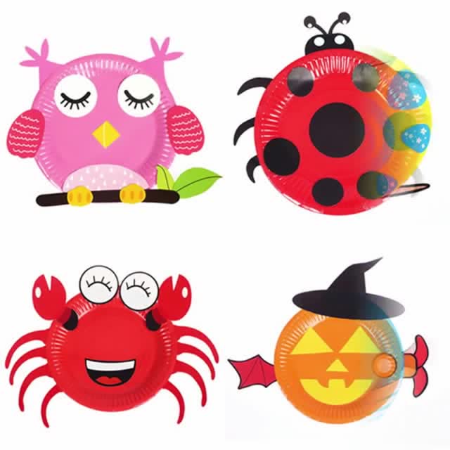 彩色动物纸盘儿童手工材料包卡通纸盘子幼儿园创意画粘贴制作