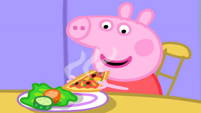 小猪佩奇一家正在吃午餐,佩奇喜欢吃蔬菜披萨