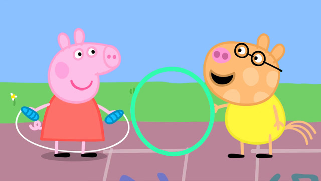 小猪佩奇在幼儿园里上课,佩奇和朋友们一起玩跳绳学数数