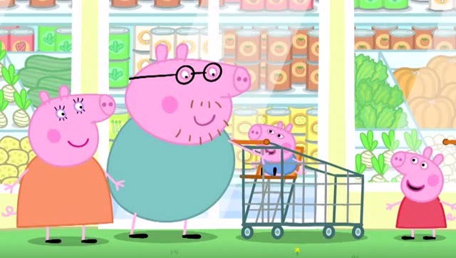 小猪佩奇一家去超市购物了,乔治坐在了购物车上