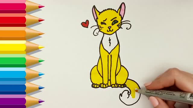 幼儿趣味简笔画 画一只害羞的小猫咪及涂色 快乐学习色彩