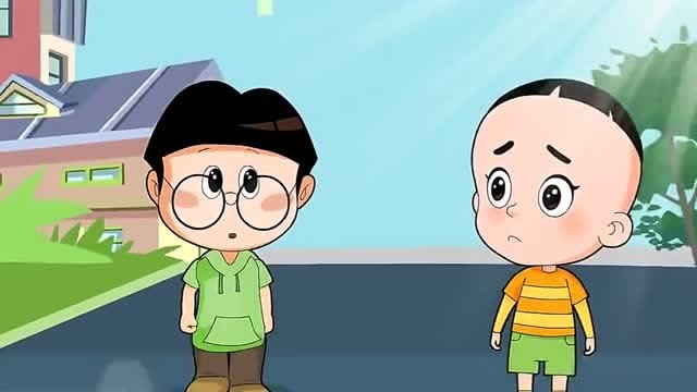 棉花糖看见大头儿子和小明拔腿就跑,大头赶紧追上去