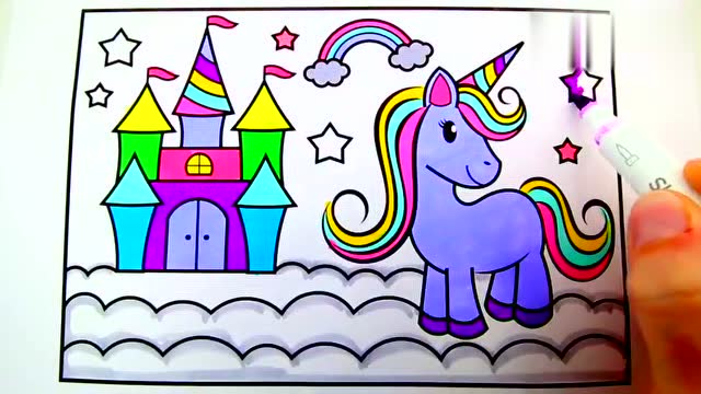 儿童绘画启蒙早教:画彩虹城堡和小马驹
