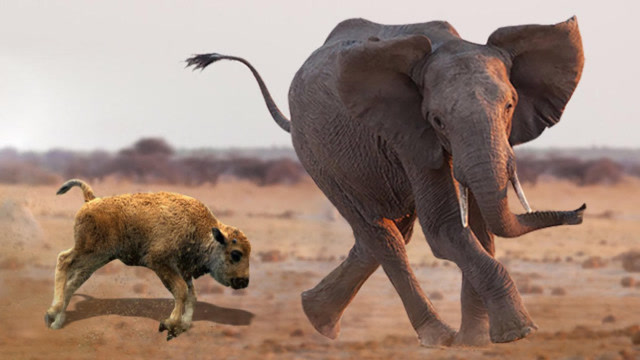 大象想要攻击小水牛,勇敢的小水牛撞向大象,结果尴尬了!