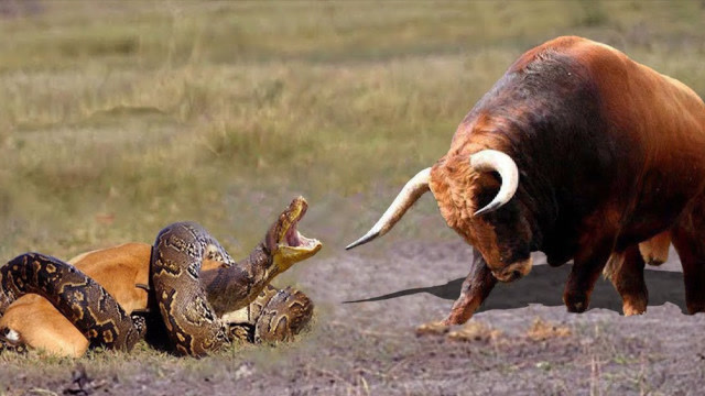 蟒蛇捕杀小水牛,小牛被蟒蛇咬死,母牛发了狂