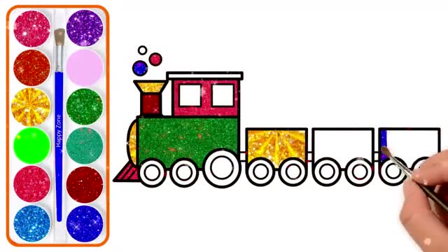 幼儿简易画,萌宝学画火车造型,并涂上金光闪闪的颜色!