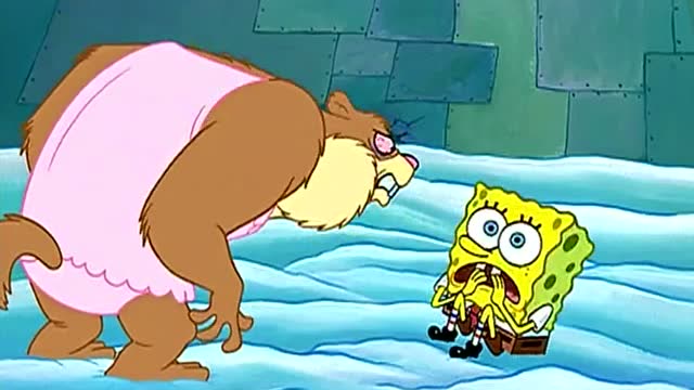 海绵宝宝惹怒冬眠的珊迪,被身形如棕熊般的珊迪追着打