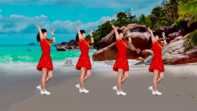 红衣美女沙滩跳起《筷子兄弟小苹果》动感时尚热门歌曲健身舞