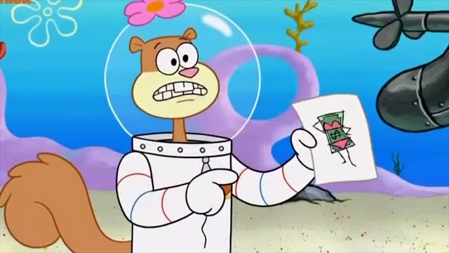 海绵宝宝把一张比基尼图片给珊迪看,珊迪会是什么反应?