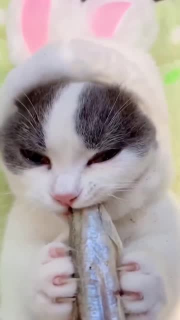 小猫吃鱼的样子真可爱