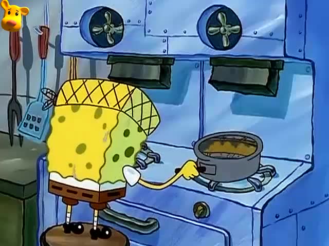 海绵宝宝 :海绵宝宝拿着遥控器,正在操纵做饭