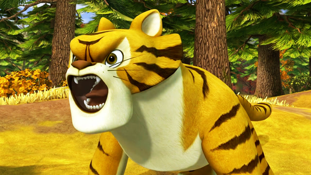 森林里出现老虎,这样子好吓人啊,光头强能从虎口逃生吗?