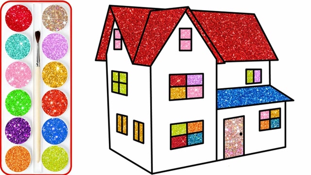 亲子涂色简笔画:金粉漂亮大房子
